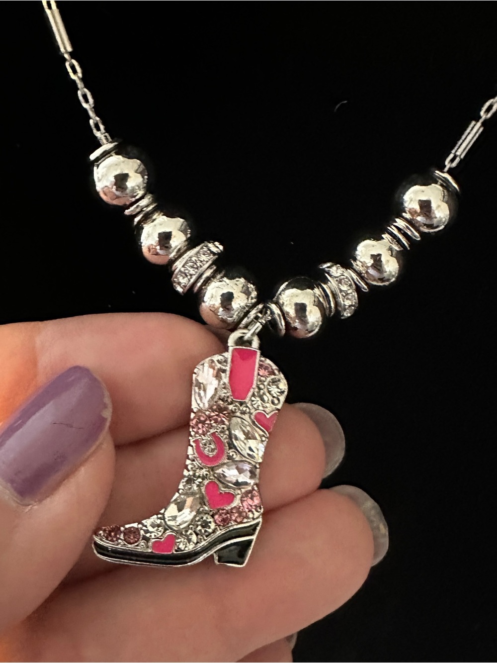 Handmade Silver Western Boot Pendant Necklace with Pink Accents